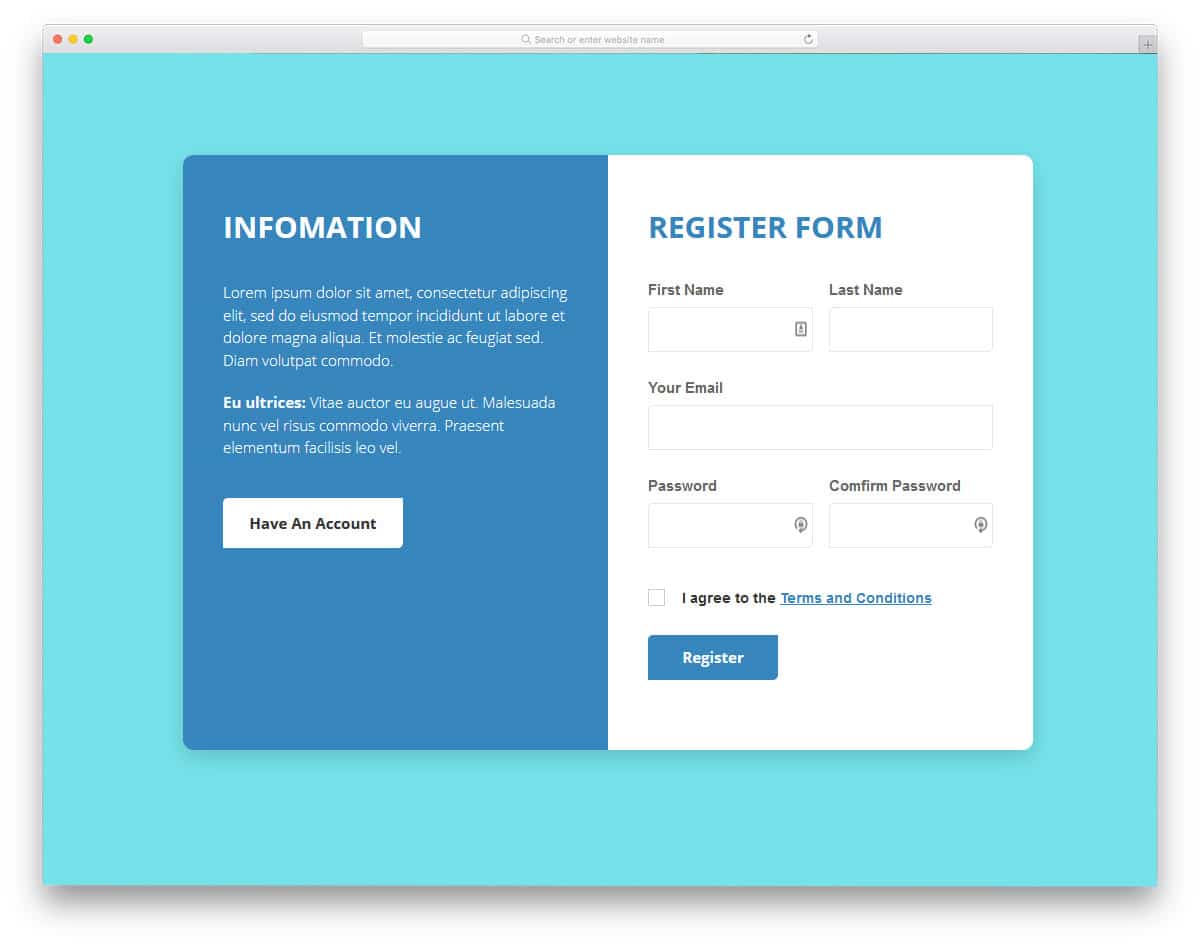 split screen style registration form example