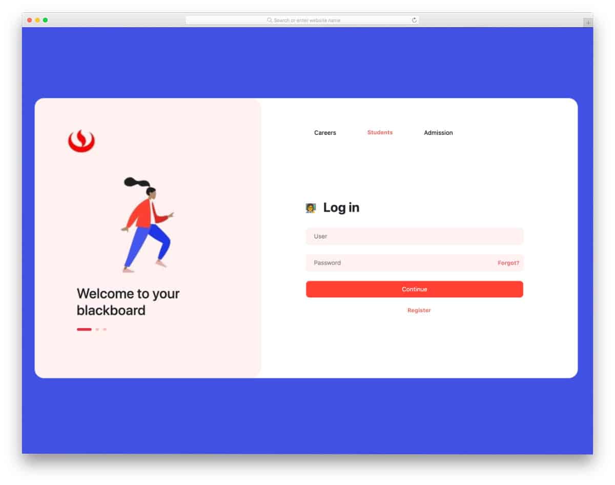 login page with user tabs