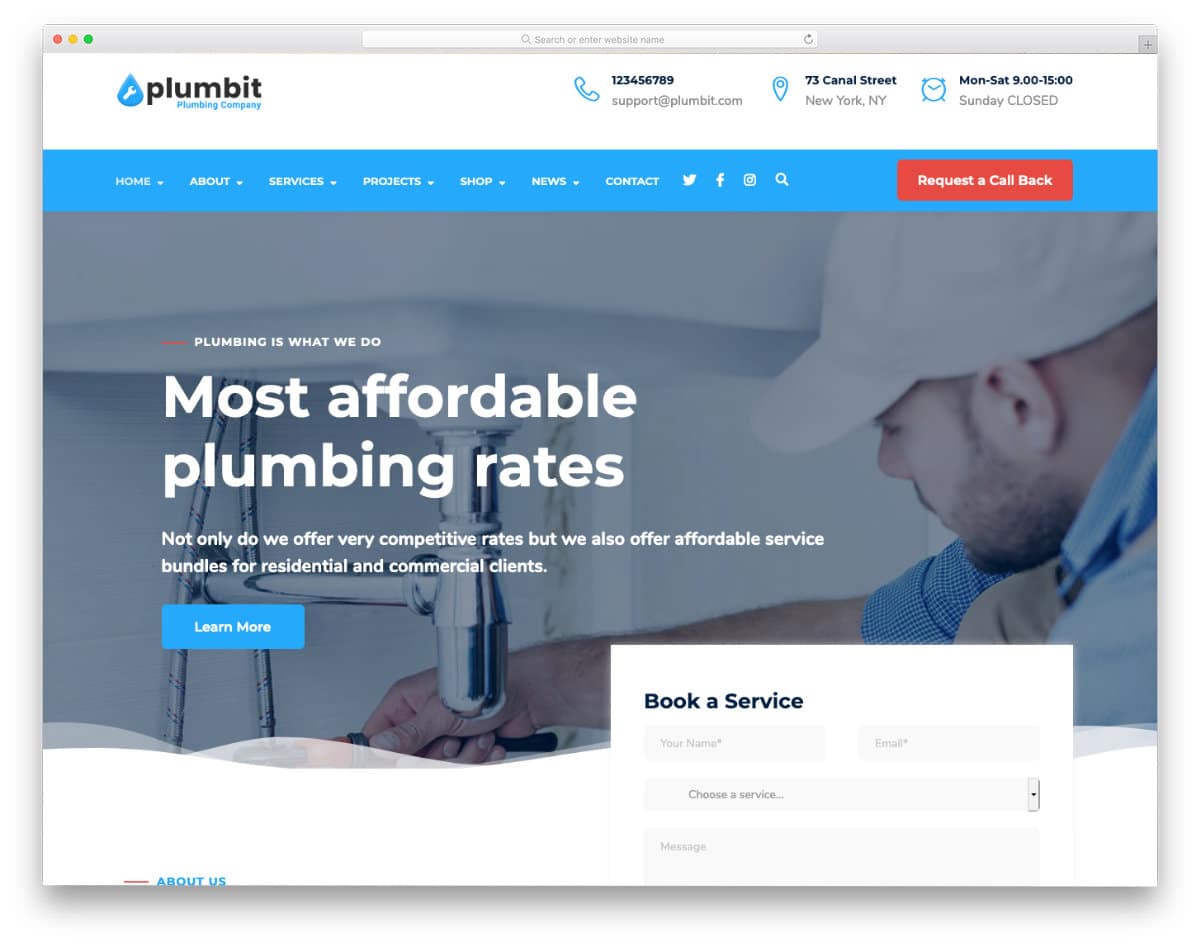 interactive plumber service WordPress template
