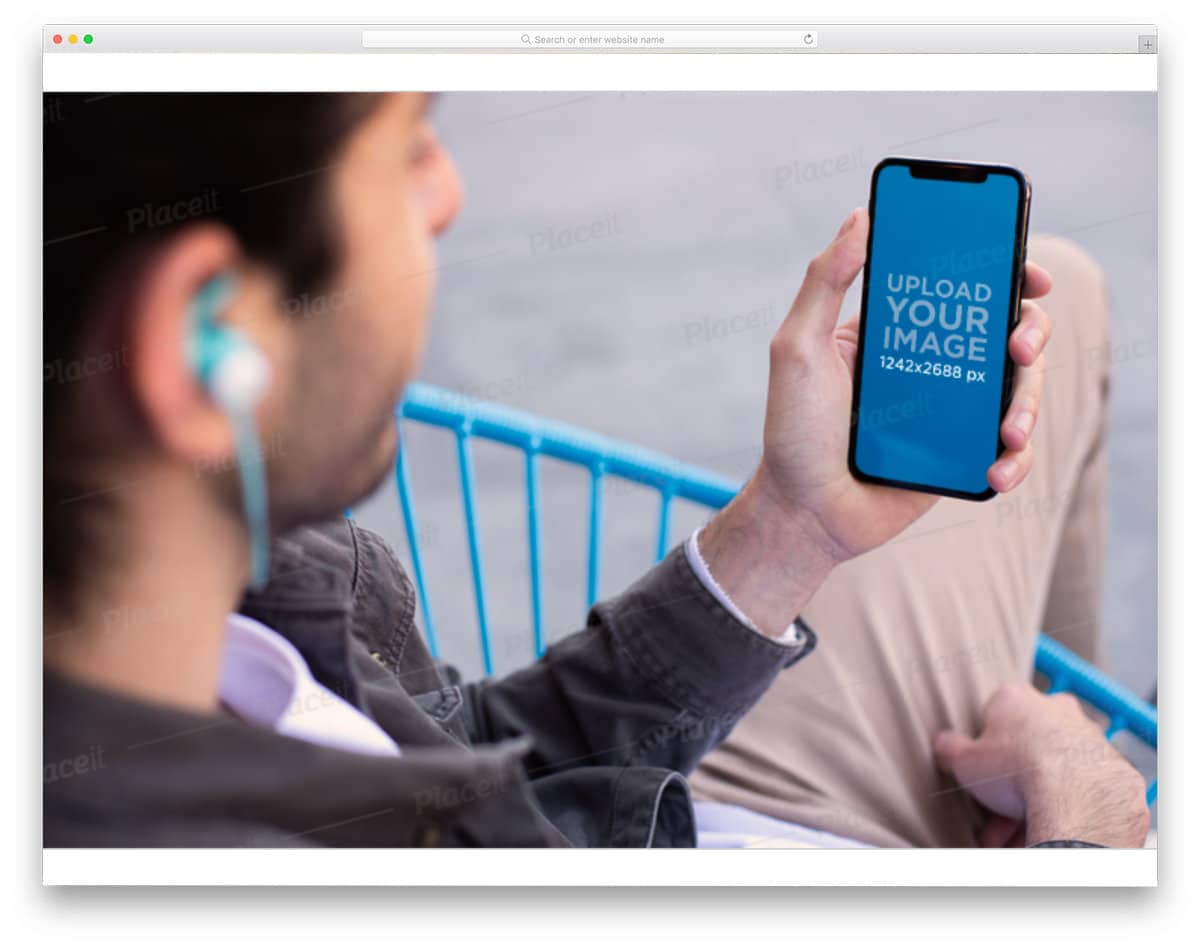 hand holding iPhone mockup for music and podcast apps