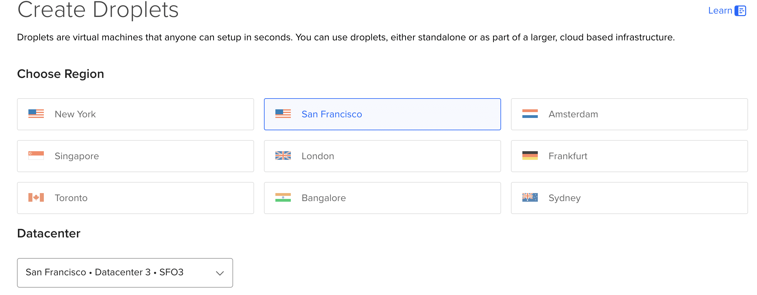 Choose Droplet location to self-host Ghost blog