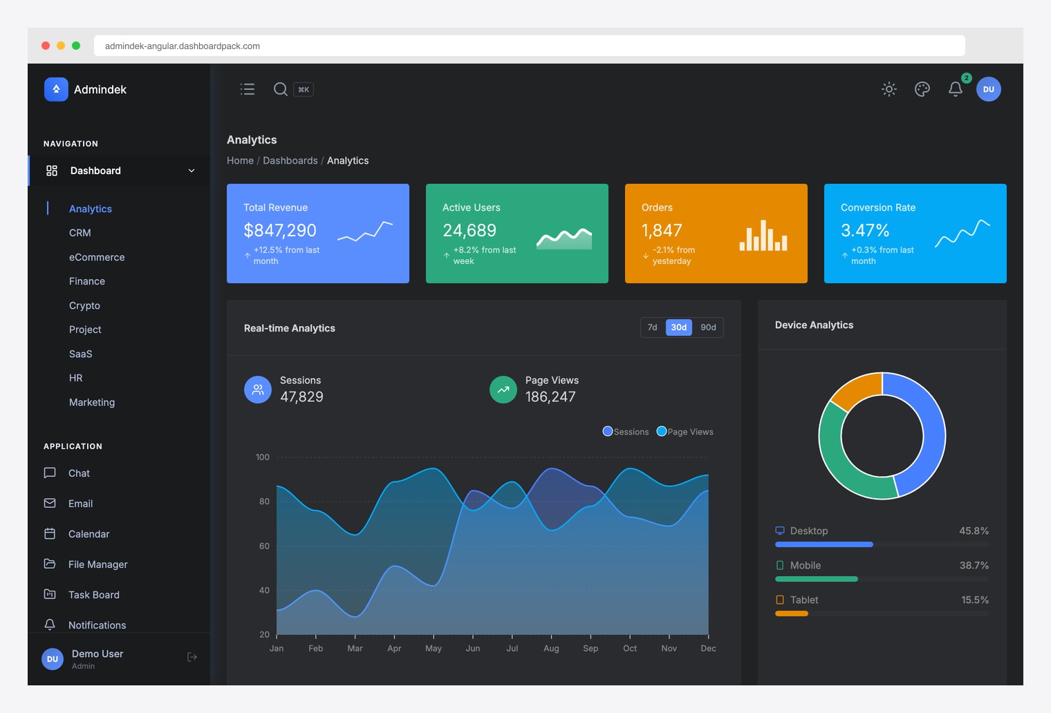 AdminDek Angular - Premium Angular 21 admin template with dark mode