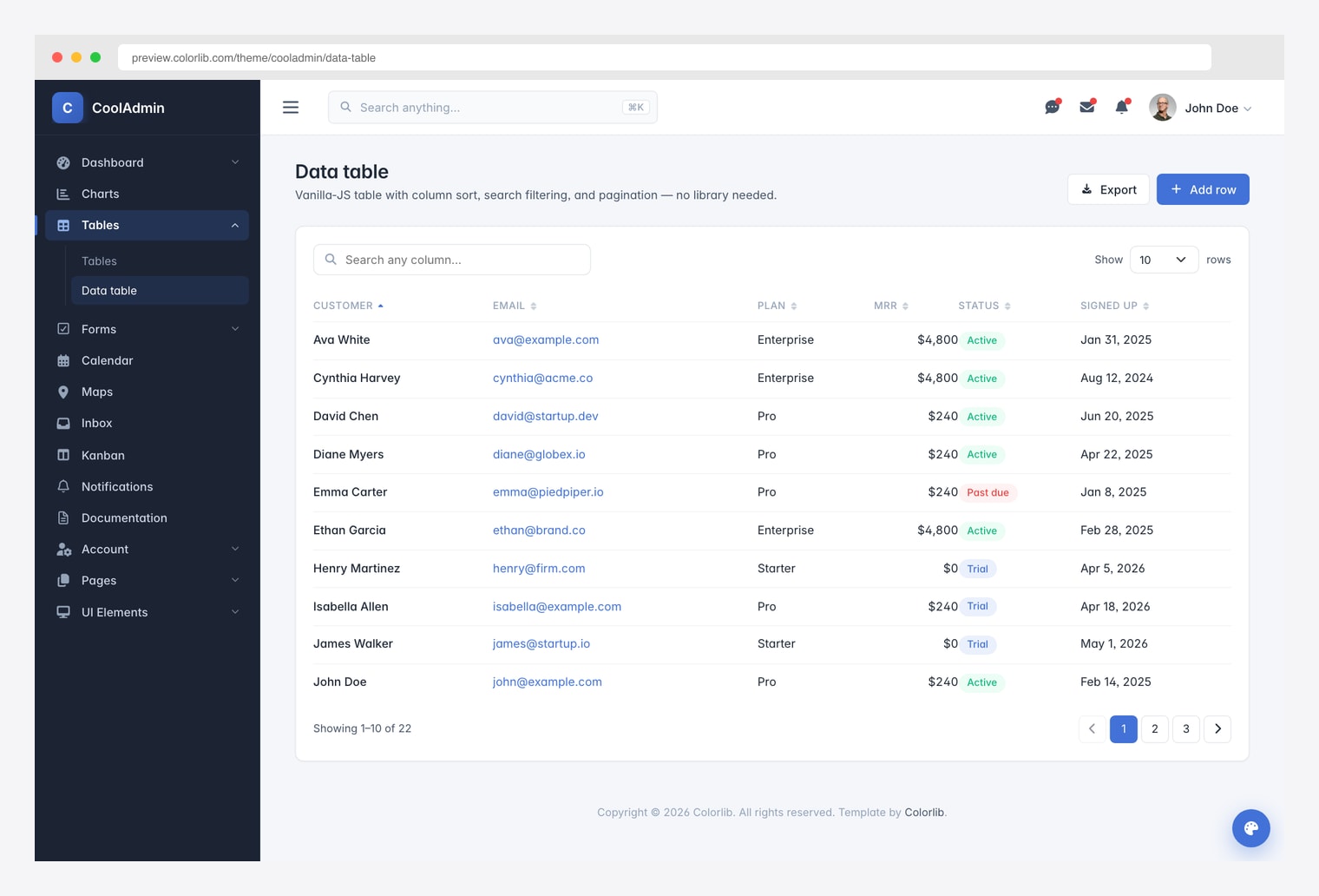 CoolAdmin Bootstrap 5 data table with column sort, search filter, and pagination