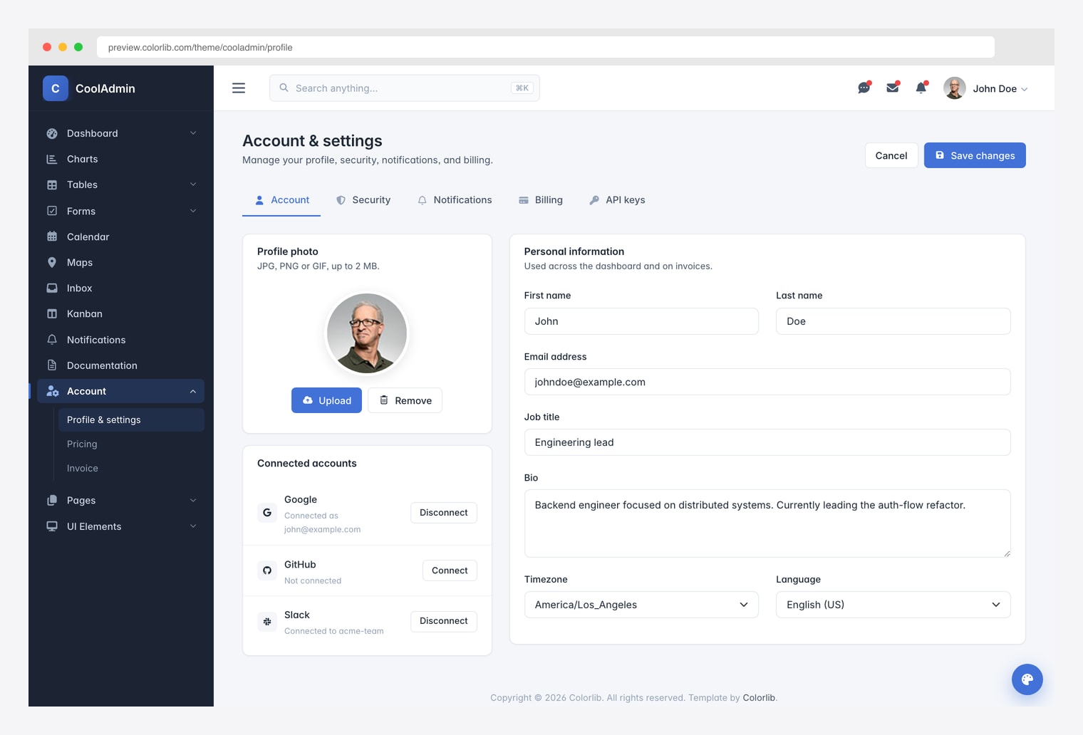 CoolAdmin Bootstrap 5 profile and account settings page with tabbed interface