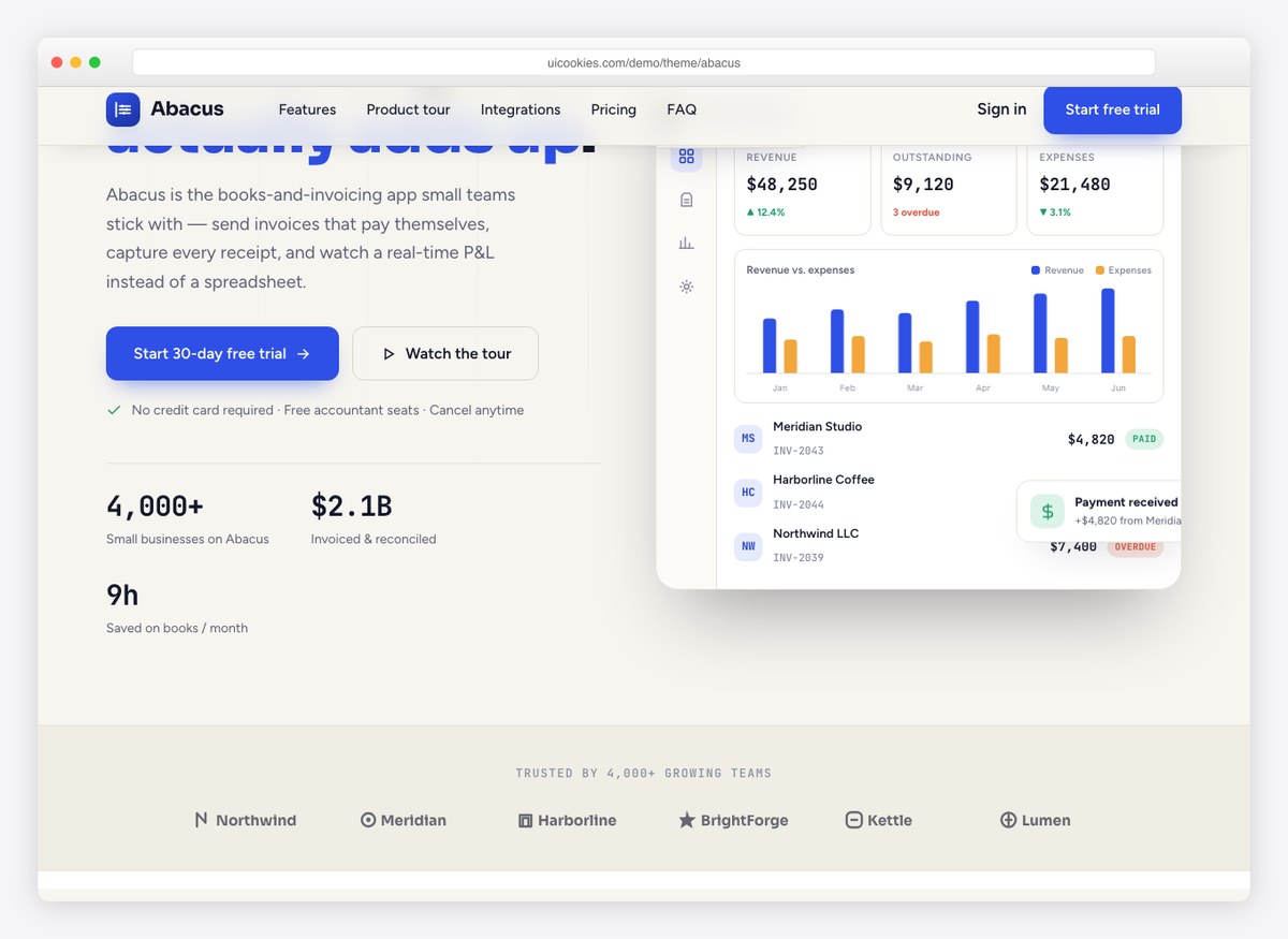 Abacus dashboard showing revenue, outstanding invoices, expenses and a revenue-vs-expenses chart