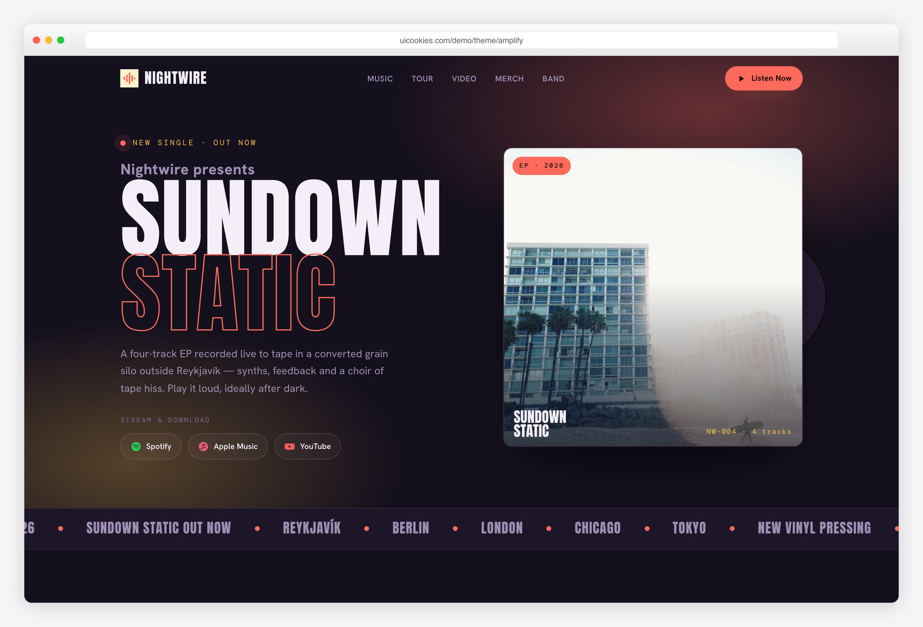 Amplify — free Music website template by uiCookies
