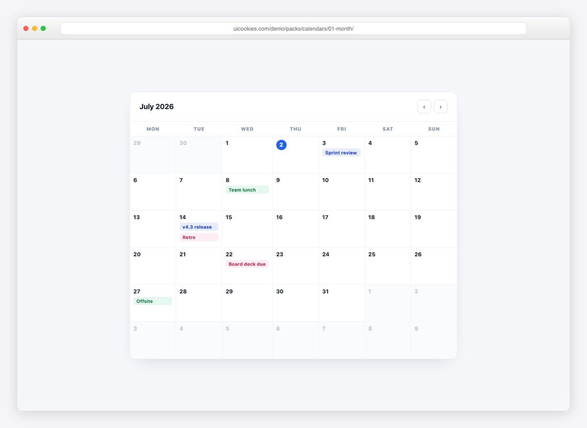 Month grid calendar with event chips