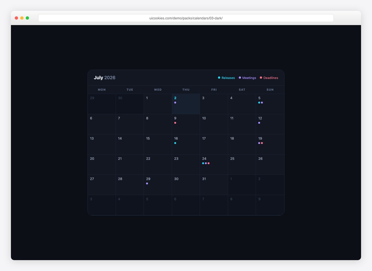 Dark Events Calendar — free HTML calendar template by uiCookies