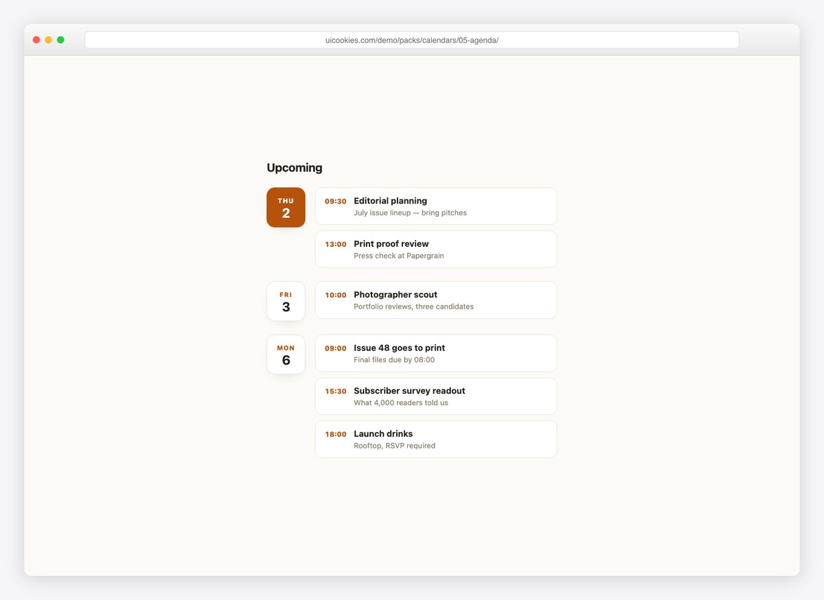 Agenda List — free HTML calendar template by uiCookies