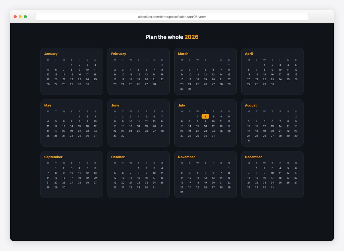 Year Overview — free HTML calendar template by uiCookies