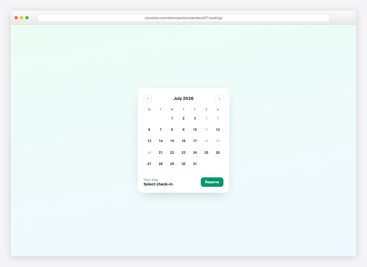 Booking calendar with date range selection