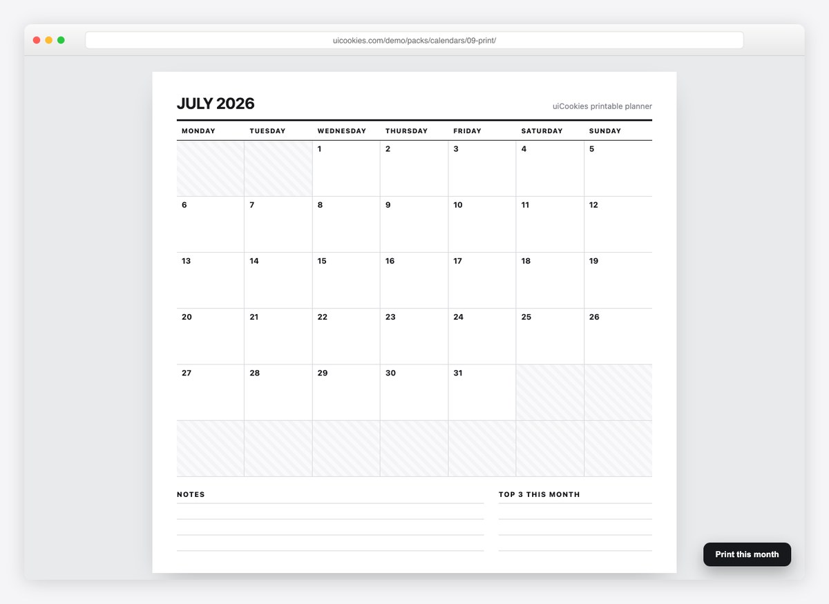 Printable Planner — free HTML calendar template by uiCookies