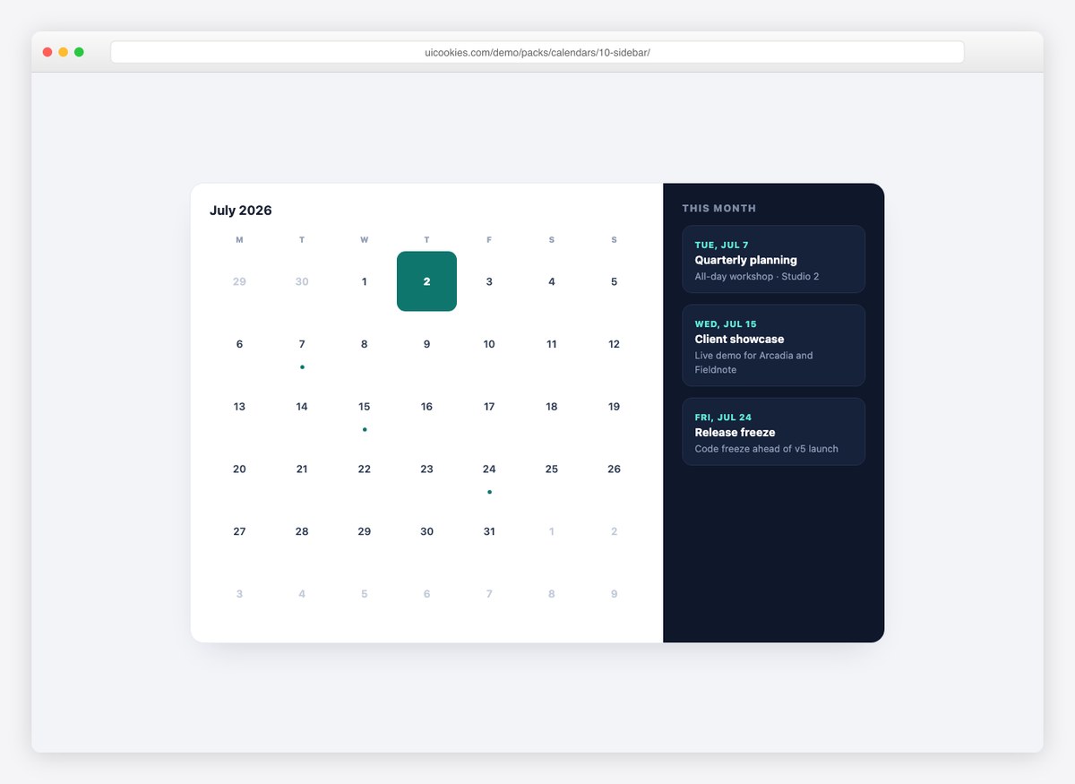 Calendar + Events Sidebar — free HTML calendar template by uiCookies