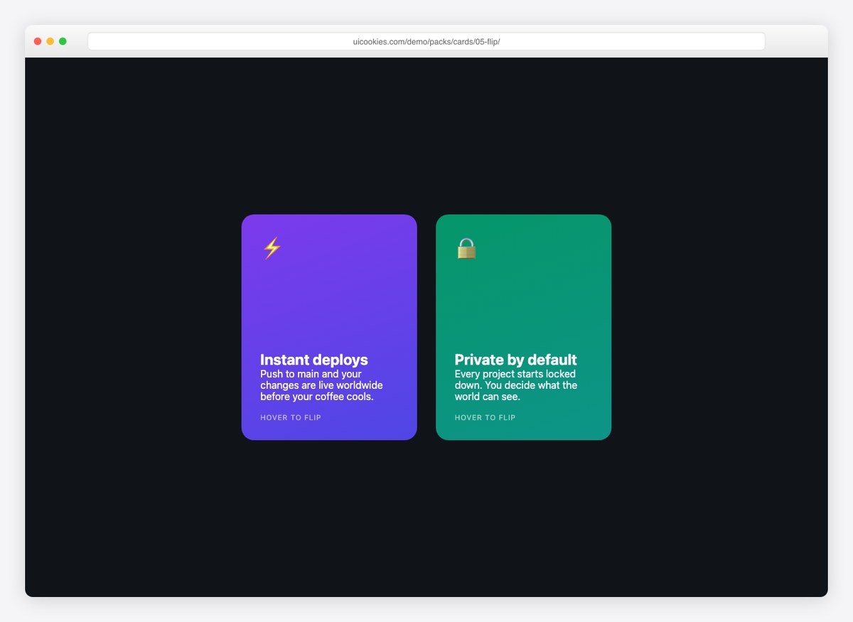 3D flip cards with gradient fronts and feature-list backs