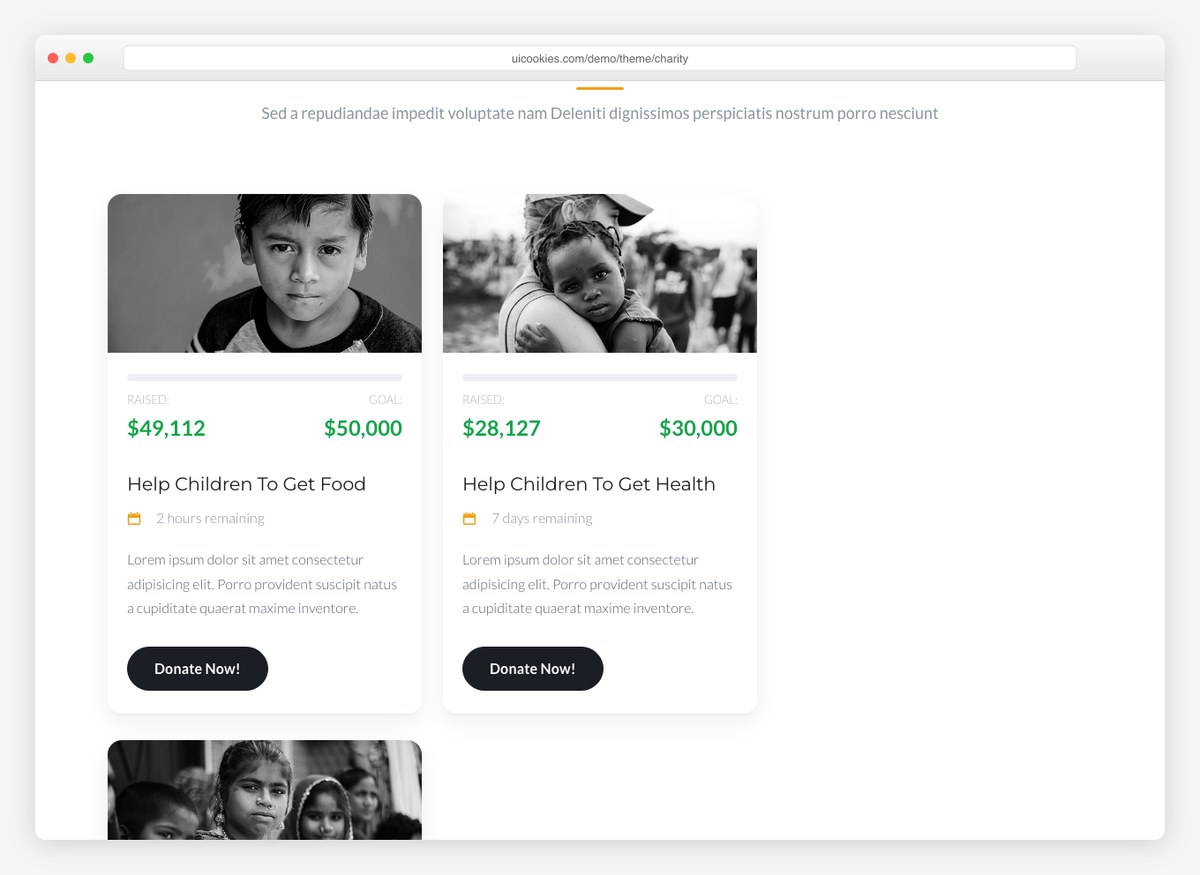 Charity template causes section with donation cards