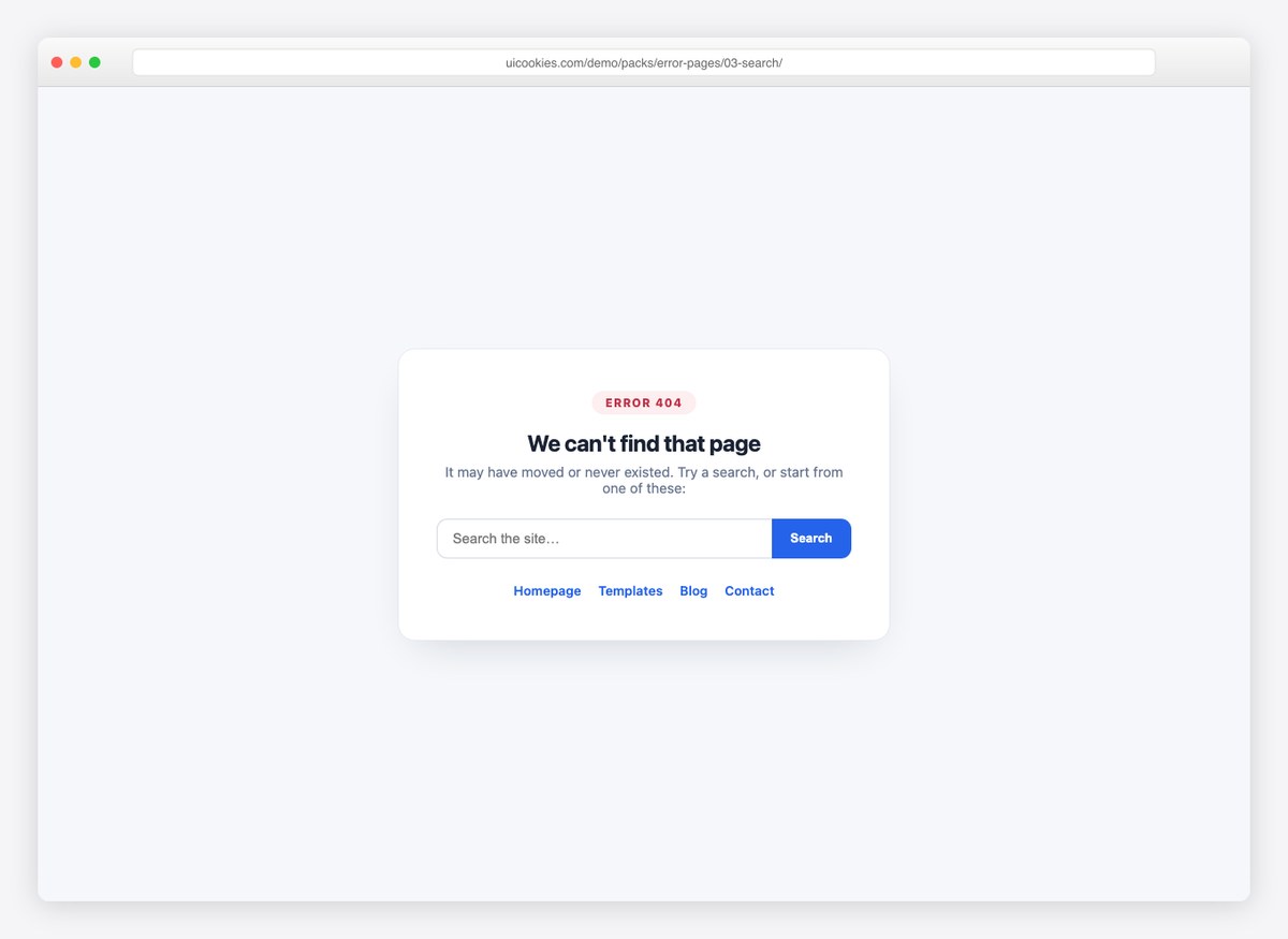 Helpful 404 with Search — free error page template by uiCookies