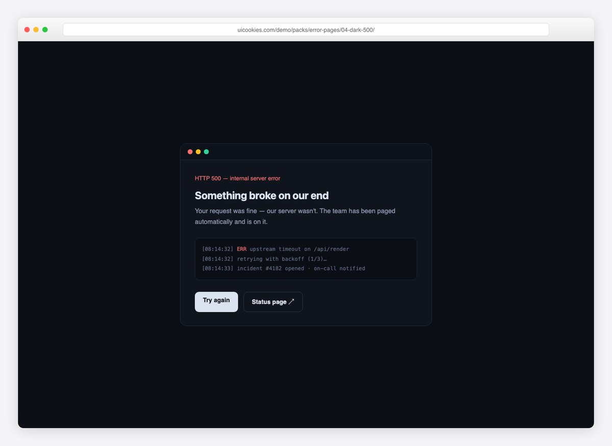 Terminal 500 — free error page template by uiCookies