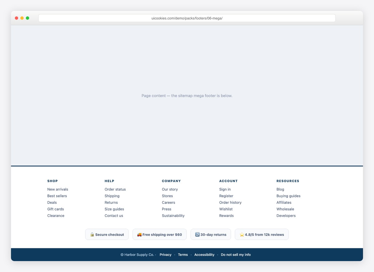 Ecommerce Mega Footer — free website footer template by uiCookies