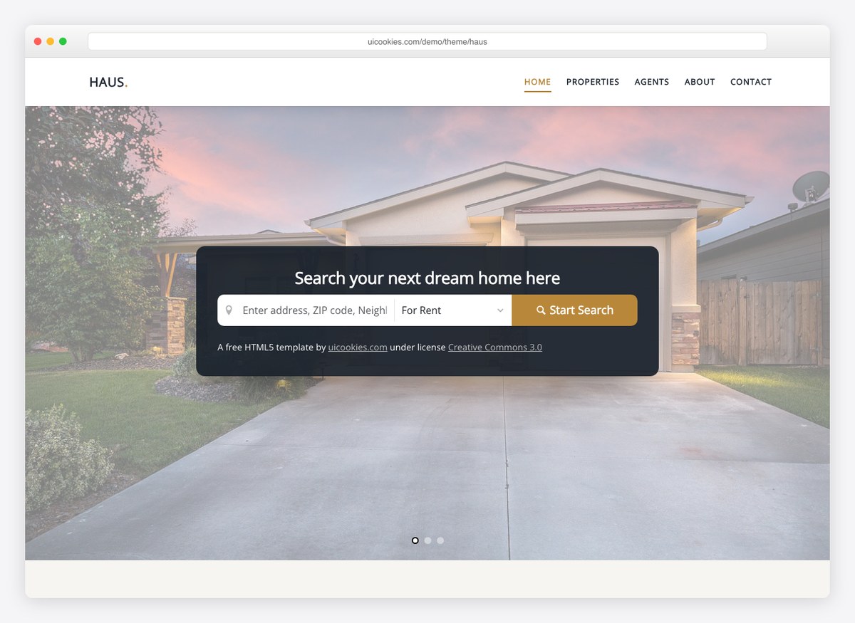 Haus template hero with property search bar