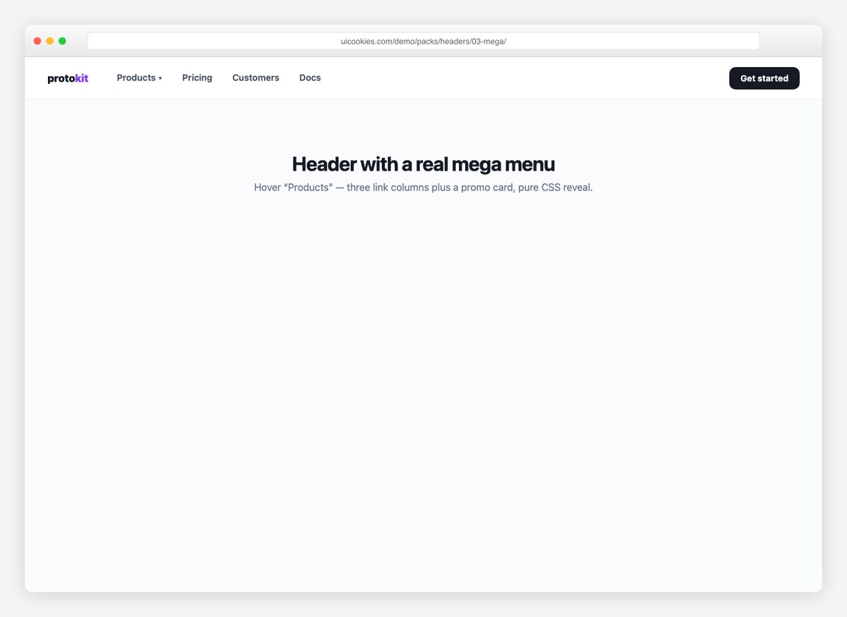Mega menu header with link columns and promo card