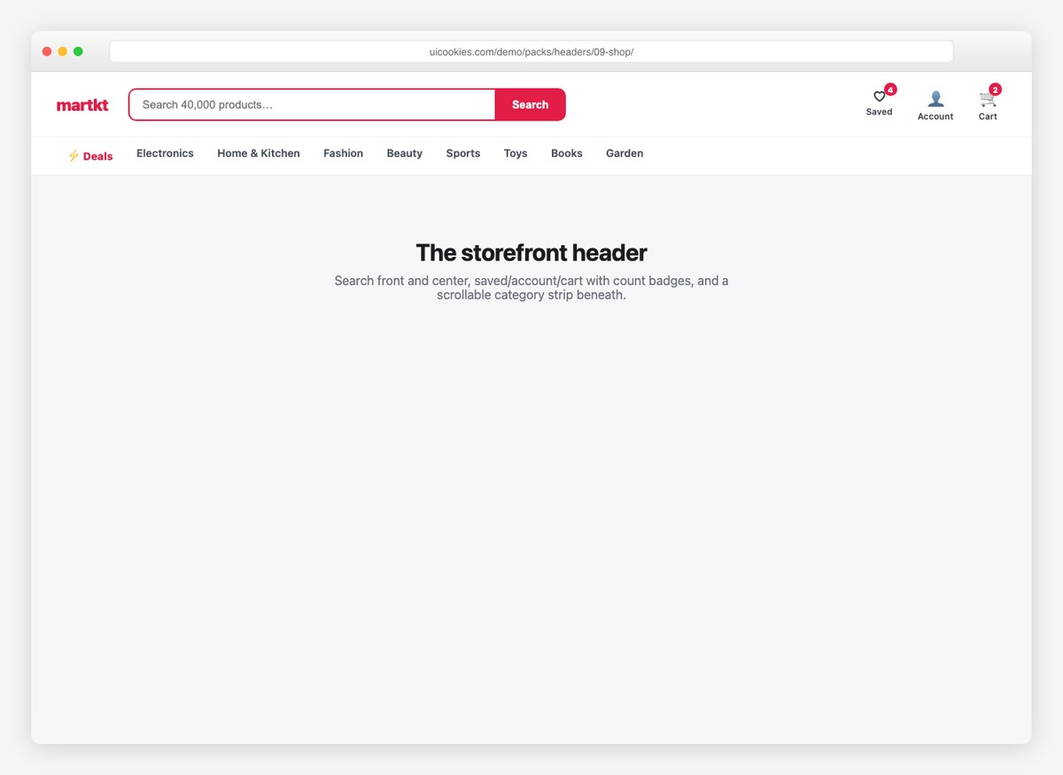Ecommerce storefront header with search and cart badges