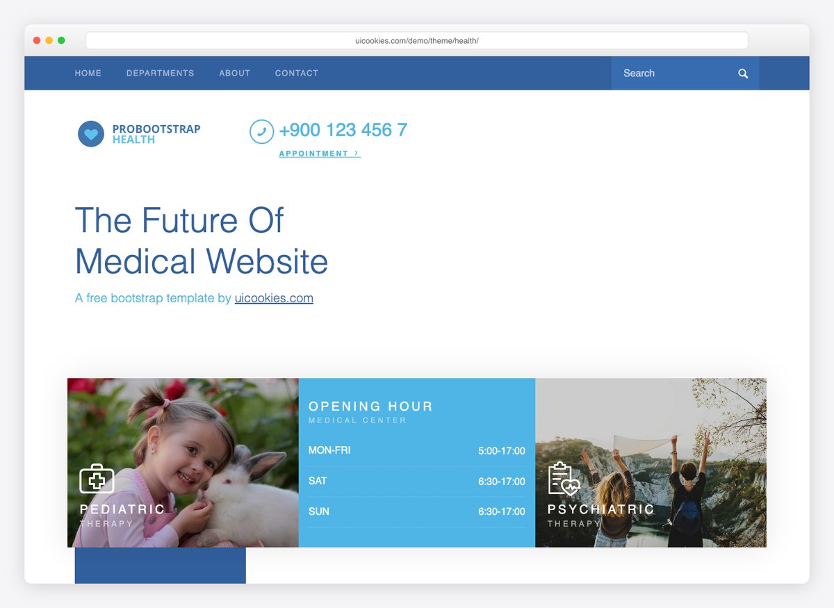 Health template hero with opening hours panel