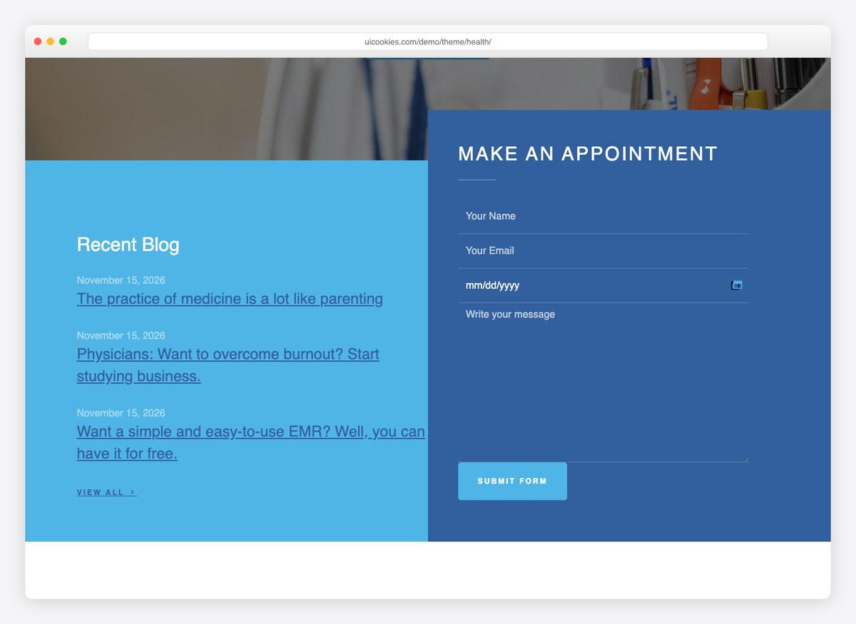 Health template appointment form and blog section