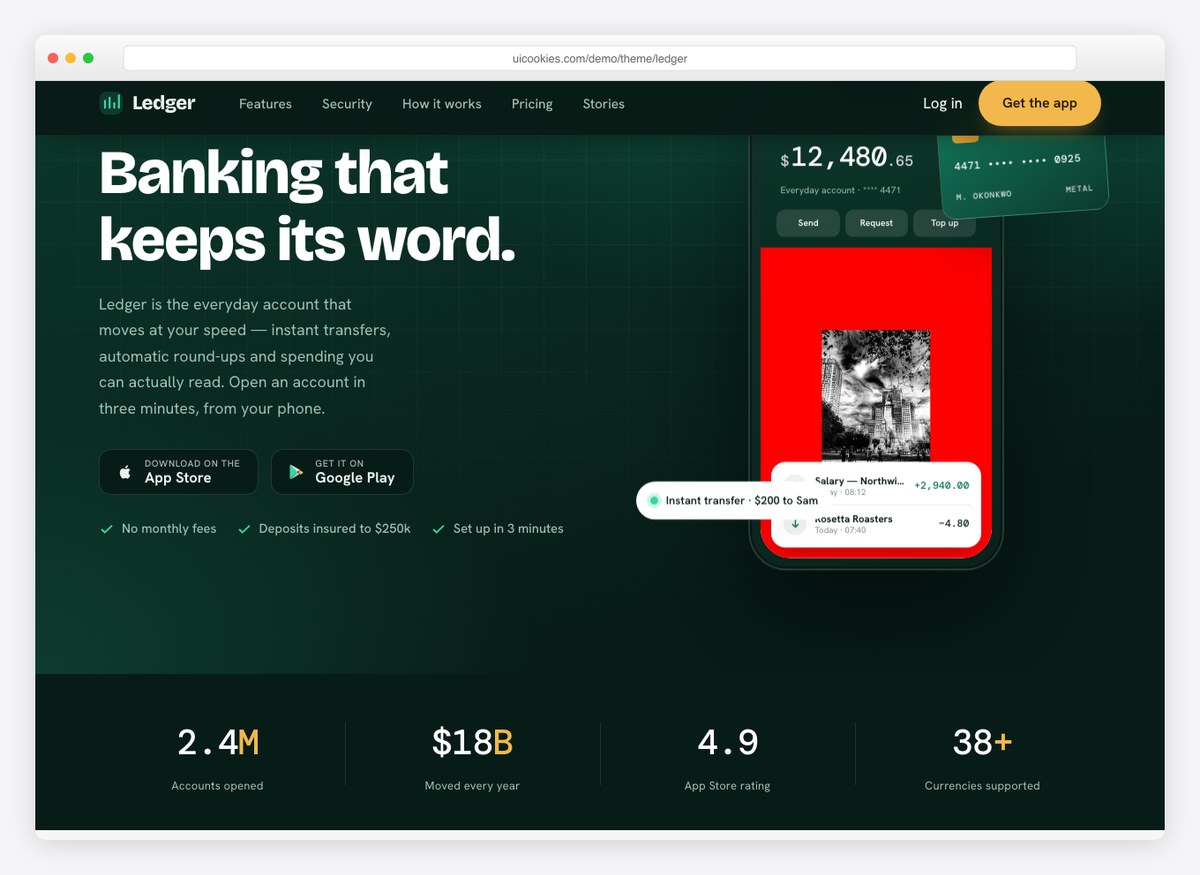 The Ledger banking app on a phone, showing an account balance of $12,480.65 with recent salary and coffee transactions.