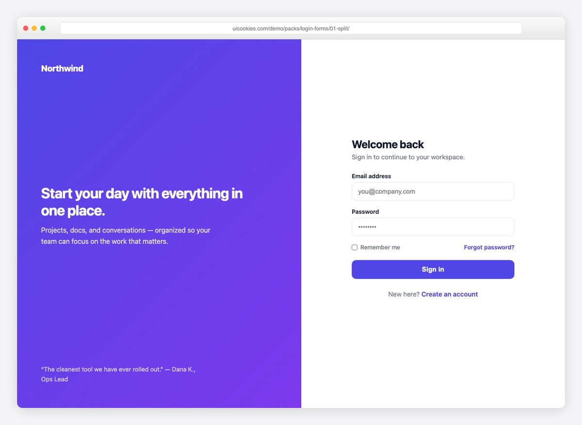 Split Screen Login — free HTML login form template by uiCookies