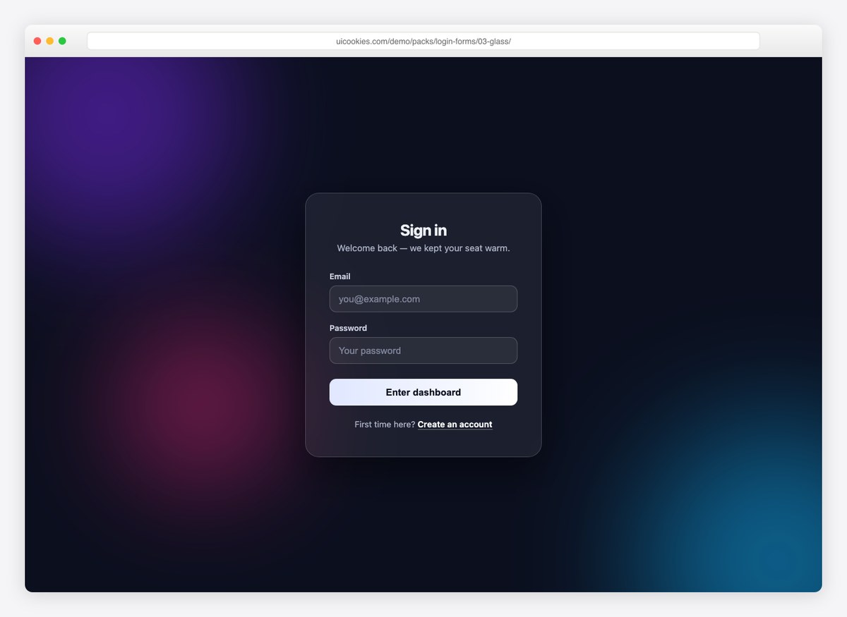 Glassmorphism login form — frosted card over animated gradient background