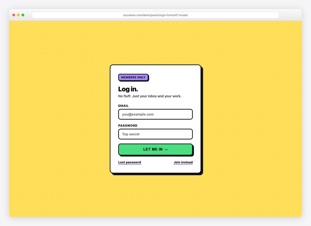 Neobrutalist login form with thick borders and offset shadows