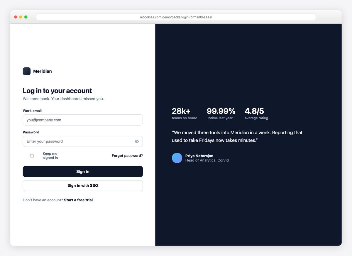 SaaS login form with stats panel, customer quote, and SSO button