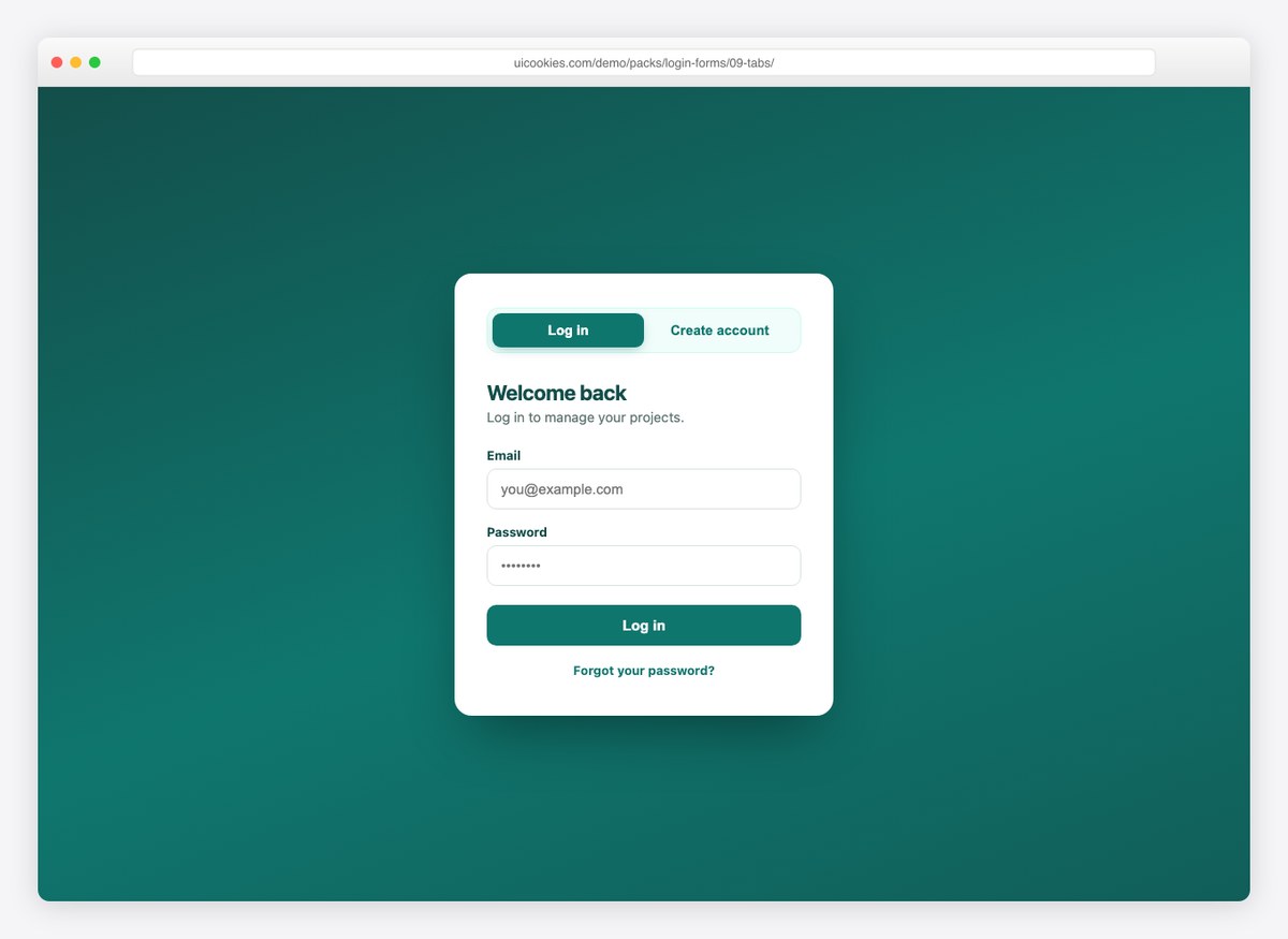 Login + Registration Tabs — free HTML login form template by uiCookies