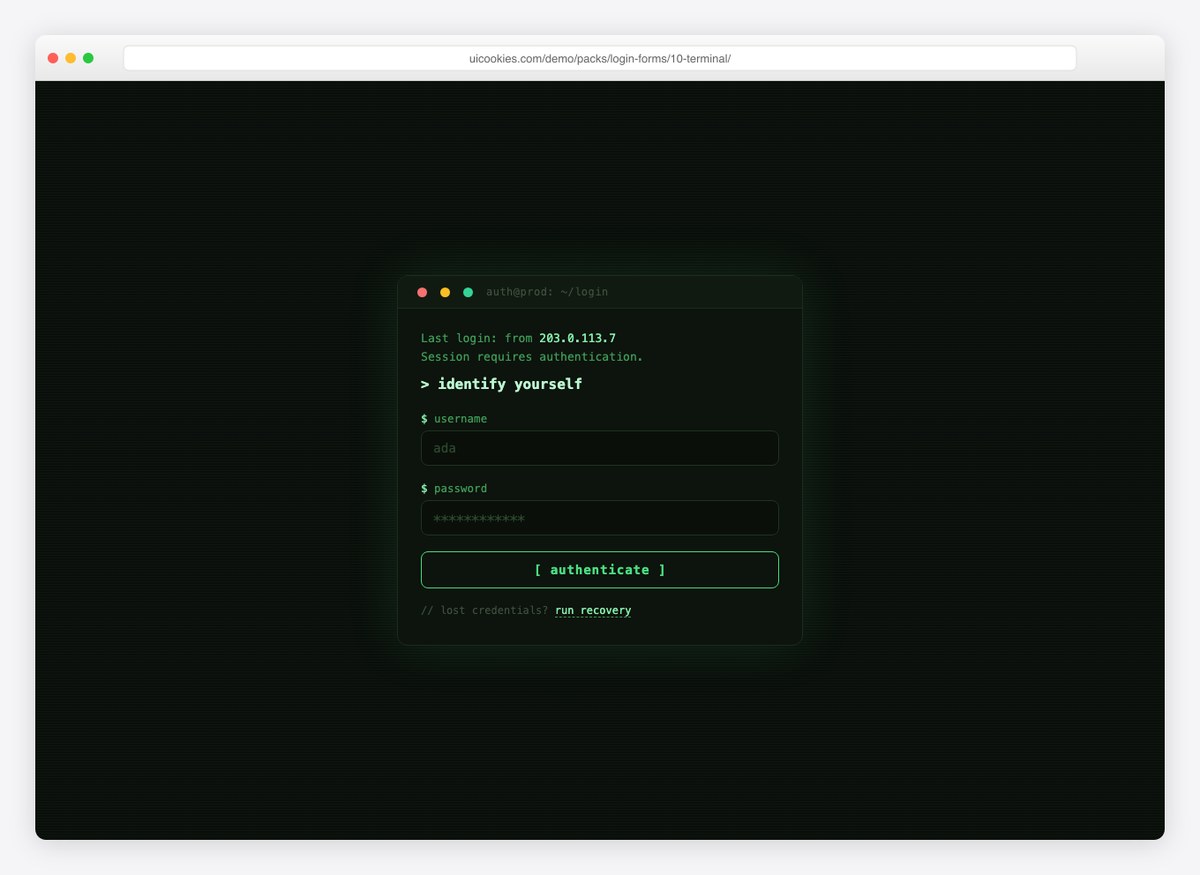Terminal Login — free HTML login form template by uiCookies