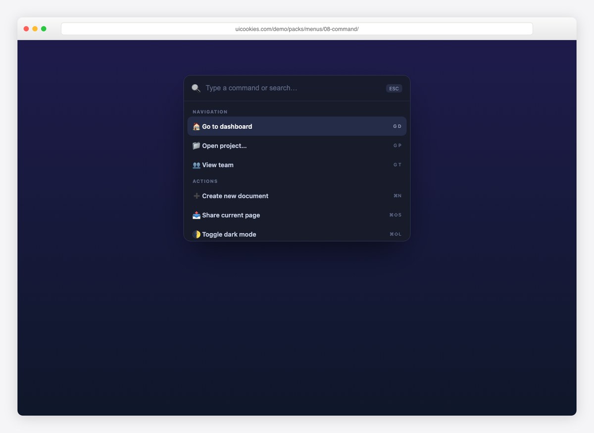 Command palette menu with live filtering