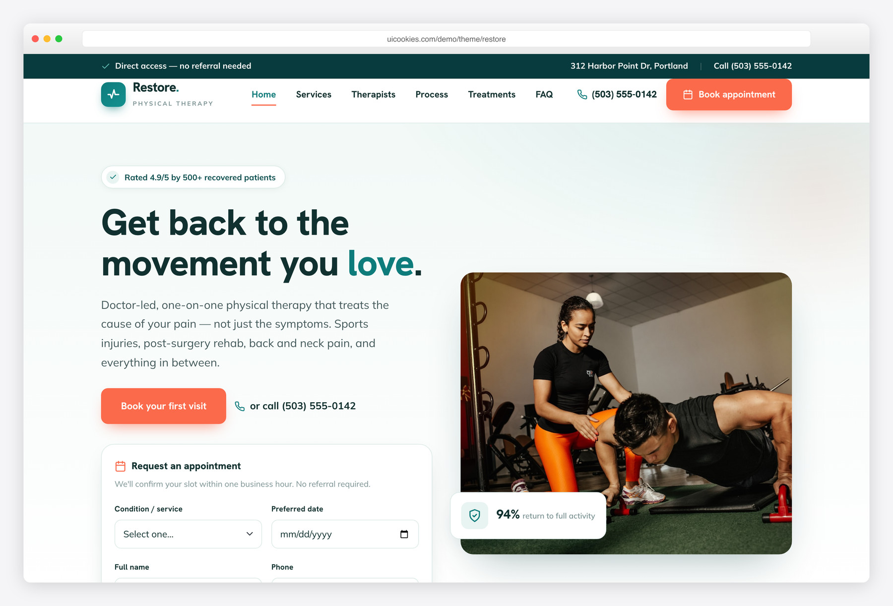 Restore — free physical therapy website template by uiCookies