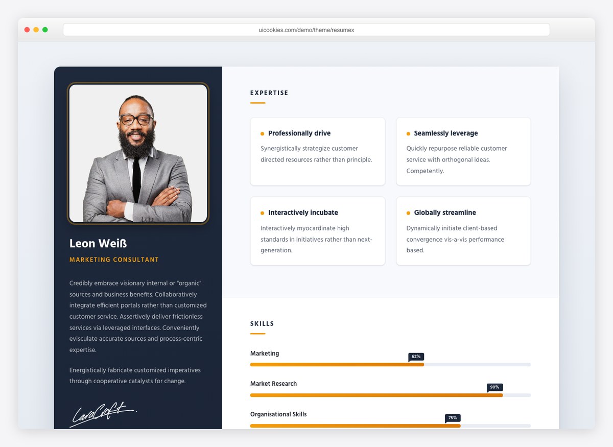 Resumex — free resume website template by uiCookies