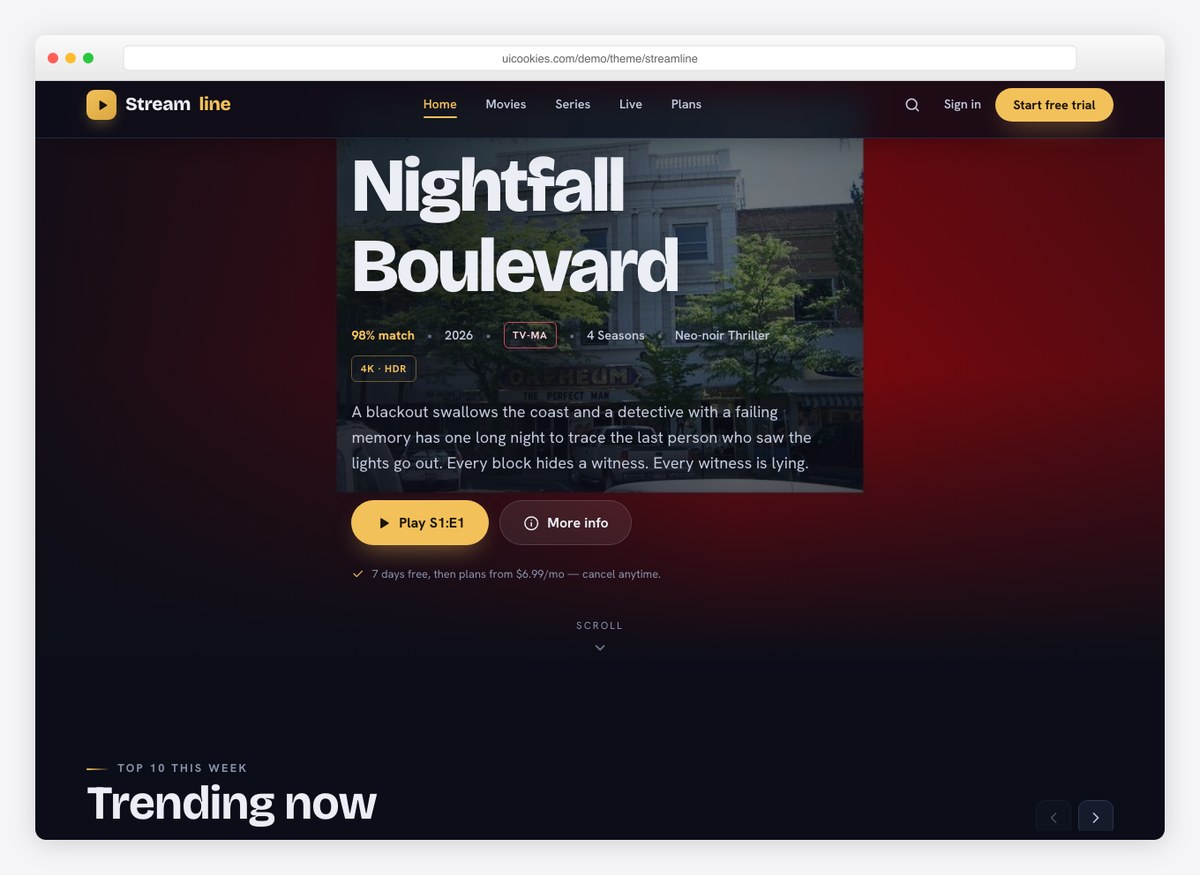 Neon-lit city skyline at night from the series Nightfall Boulevard, with the title, rating and play button overlaid on a dark cinematic gradient.
