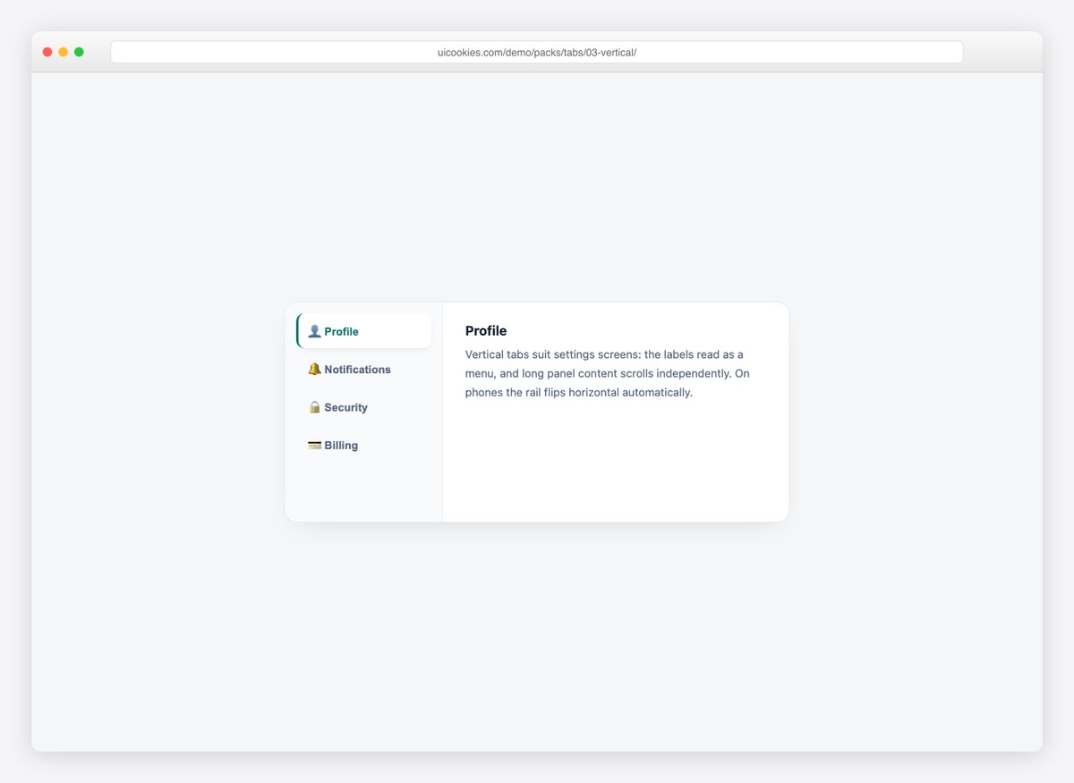 Vertical Settings Tabs — free CSS tabs template by uiCookies