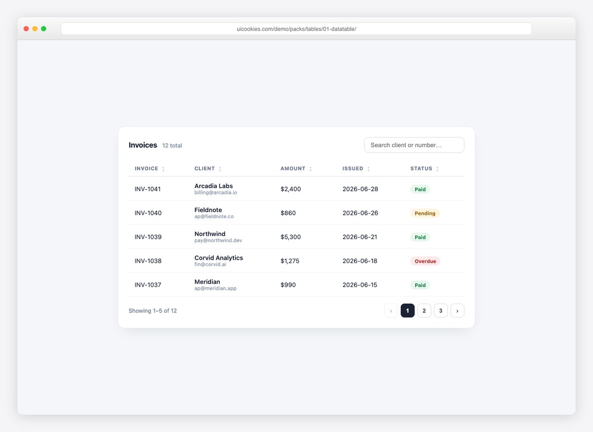 Vanilla JavaScript datatable with search, sorting, and pagination