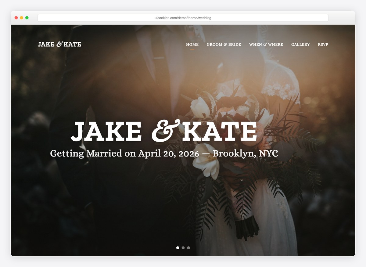 Wedding template hero with couple photo slider