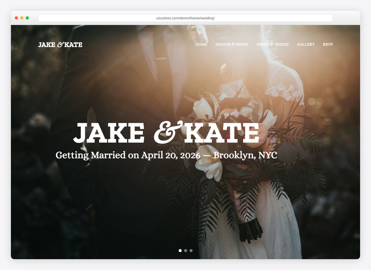 Wedding template hero with couple photo slider