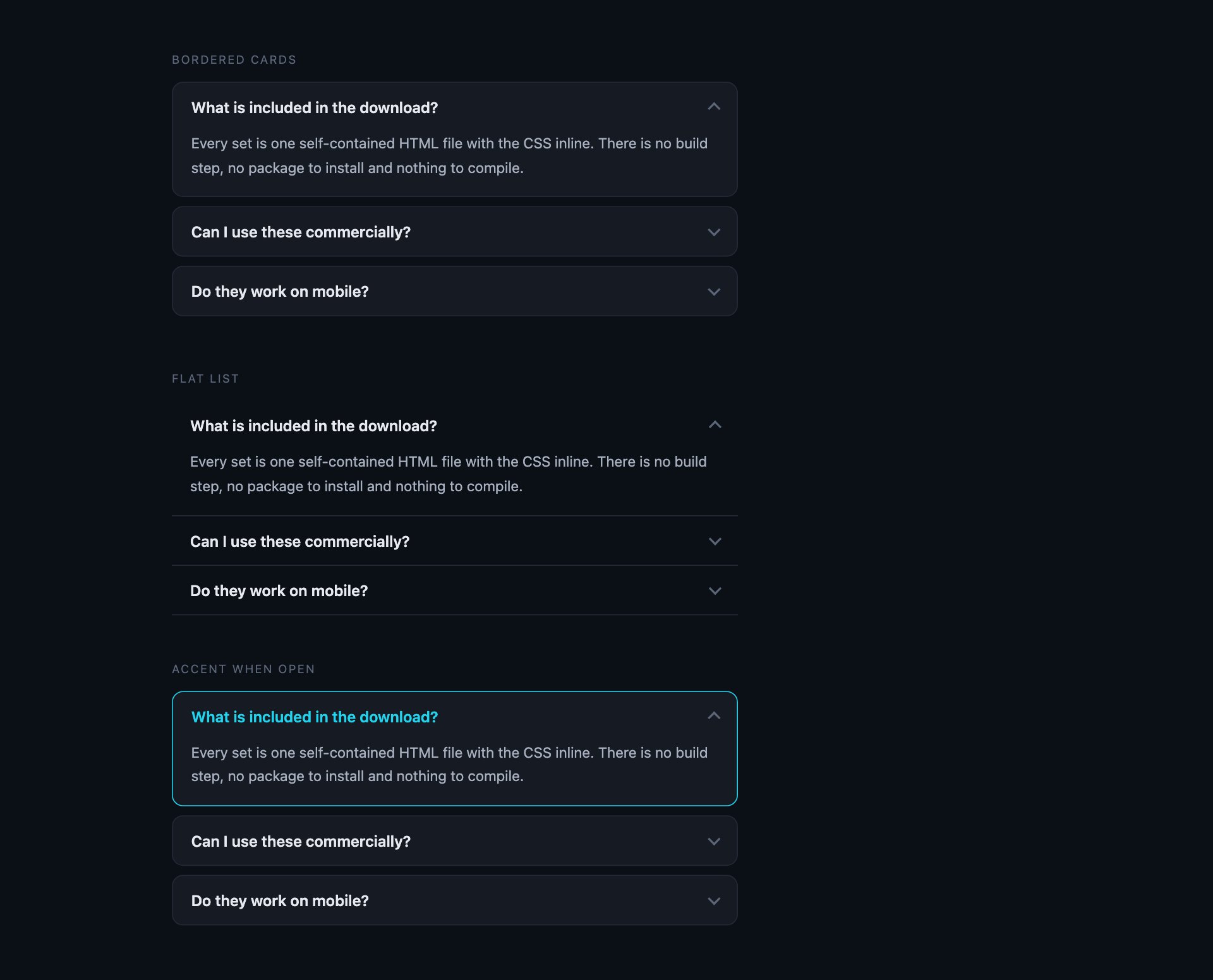 Dark Accordions — free CSS accordion designs by uiCookies