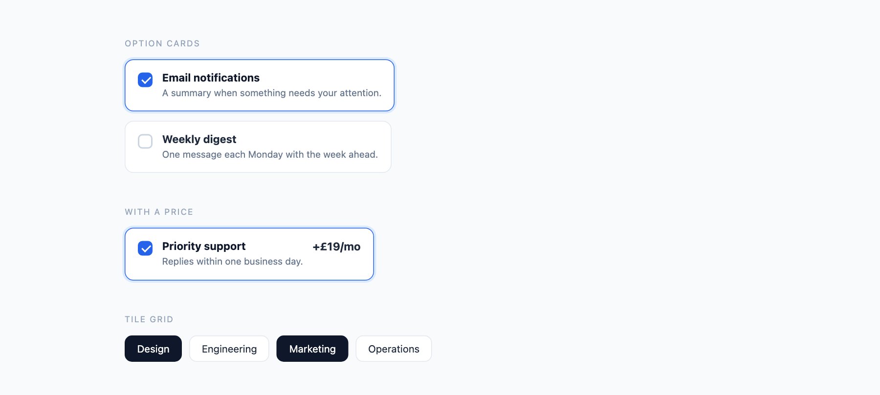 Selectable Cards — free CSS checkbox and radio button designs by uiCookies