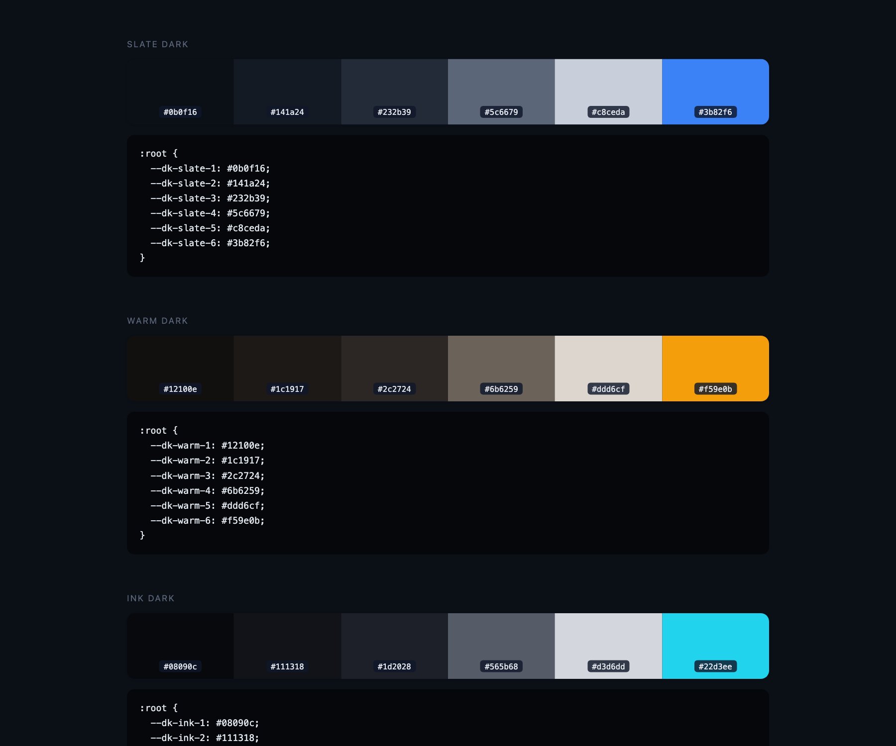 Dark UI Palettes — free CSS colour palettes by uiCookies
