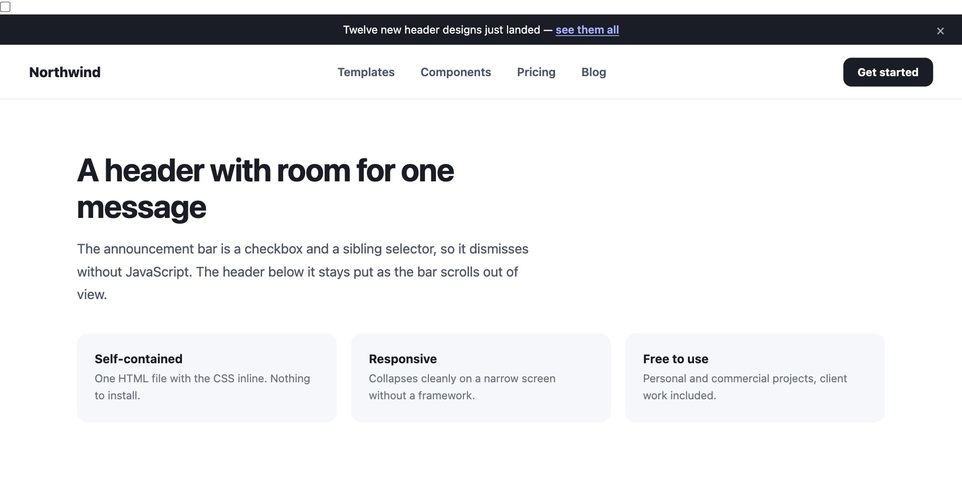 Announcement Bar Header — free website header template by uiCookies