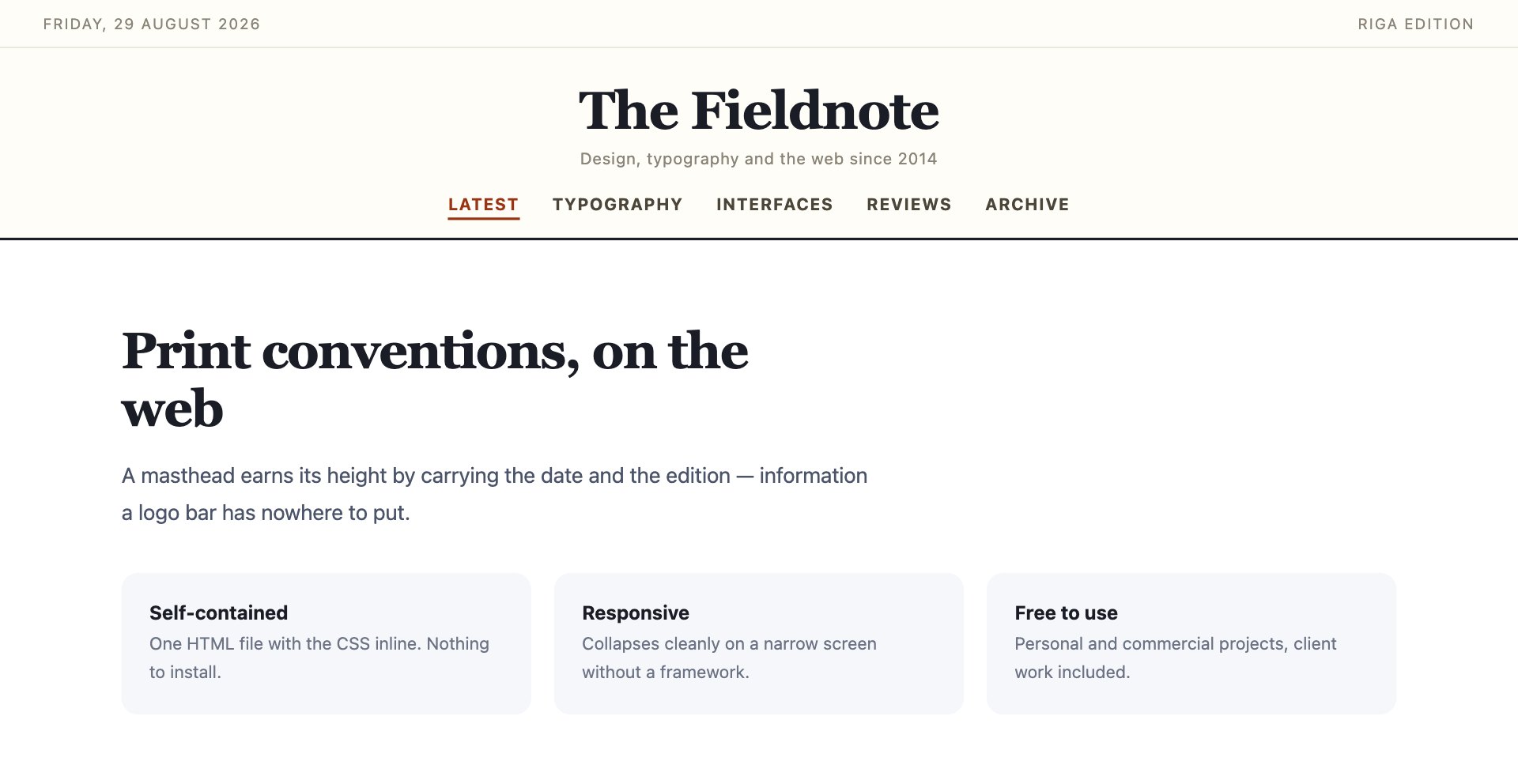 Editorial Masthead — free website header template by uiCookies