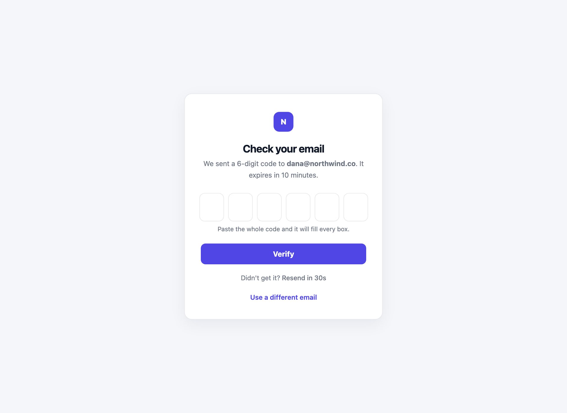 One-Time Code Screen — free HTML login form template by uiCookies