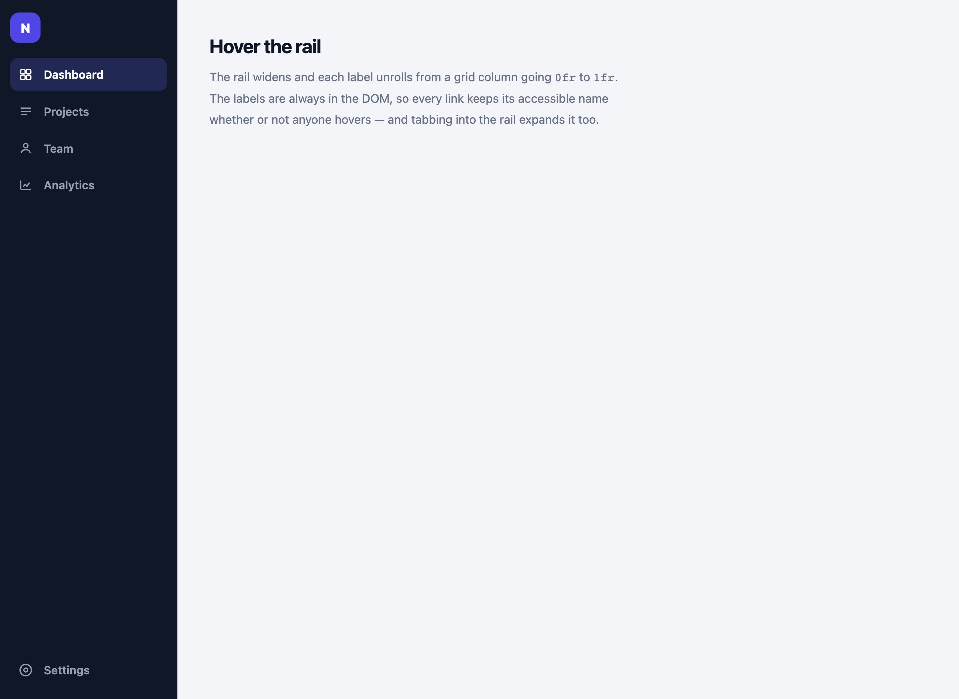Collapsing Icon Rail — free CSS menu template by uiCookies