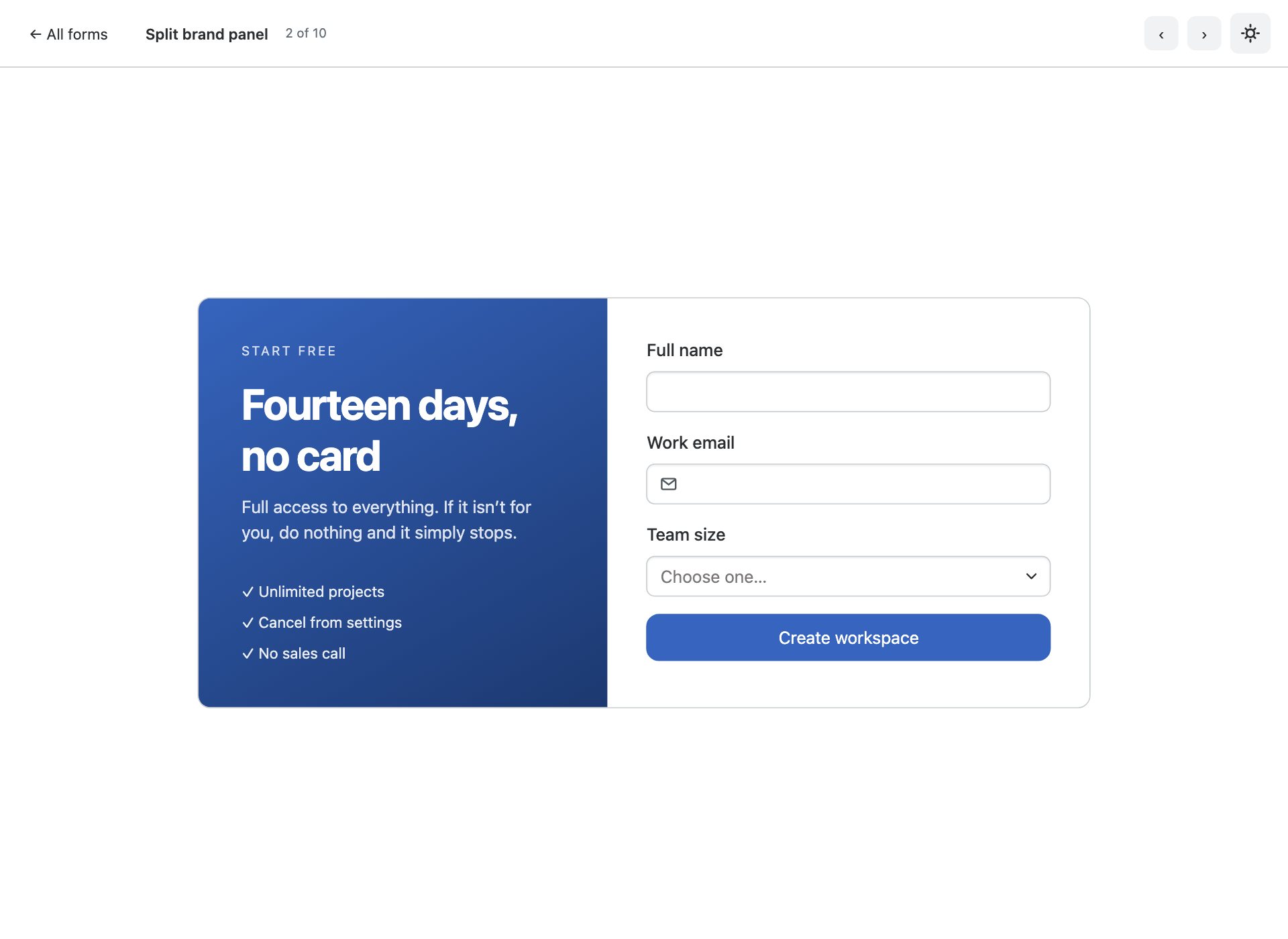 Split brand panel — free Bootstrap 6 template by uiCookies